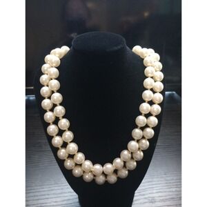Vintage 16" Double Strand Faux Pearl Necklace Floral Clasp Back Drop Mid Century